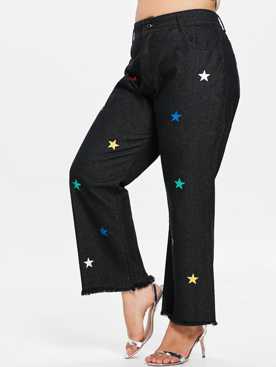 Новые Плюс Размер Звезды Pattern Frayed Hem Джинсы Женщины Повседневная Тонкий