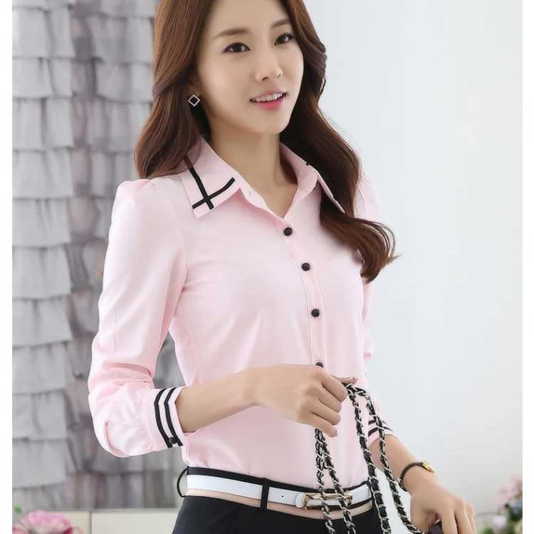 Весна-лето, женская рубашка поло с длинным рукавом и отворотом, белая женская Повседневная рубашка, женская рубашка поло, брендовая одежда - Цвет: pink long