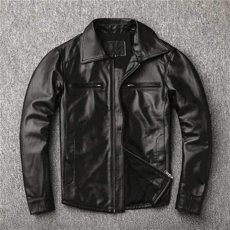 Черный большой размер 4XL мотоциклетная кожаная куртка мужская Тонкая лацкан из натуральной овечьей кожи куртка из натуральной кожи короткая Высококачественная верхняя одежда - Цвет: black