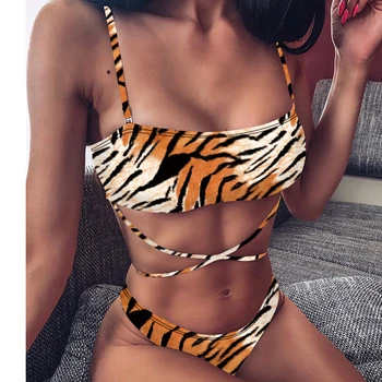 

Bandeau Bikini 2020 3pcs/Set Leopard Striped Swimsuit Women Anti-Sun Beachwear Bathing Women's Swimming Suit Swimwear Women