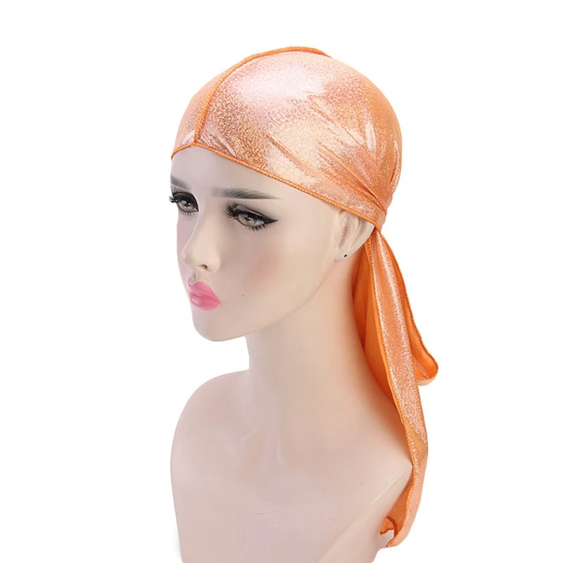 Recommend Sports Beach Cap Long-tailed Pearlescent Glitter Turban Silky Cap Head Wrap Bandana Headwear