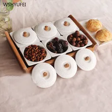 Прямоугольный керамический бамбуковый поднос с крышкой для хранения сухих фруктов, десертов, тарелок, съёмных тарелок, конфет, поднос для закусок