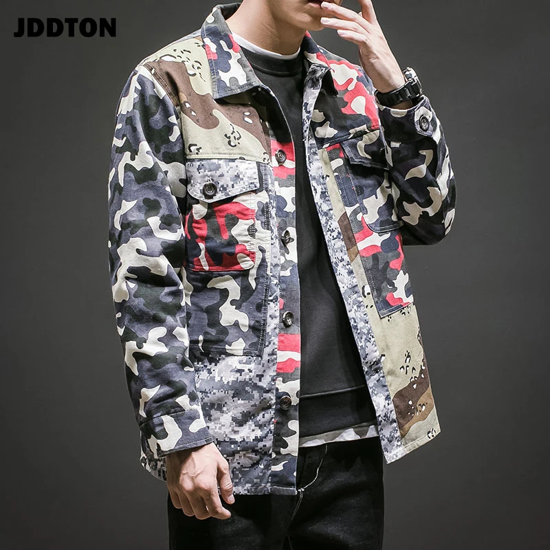 JDDTON мужские камуфляжные лоскутные куртки Свободная верхняя одежда винтажный Камуфляжный бомбер Американский мужской хип хоп пальто повседневная Уличная JE172