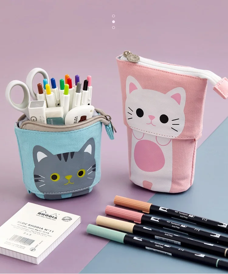 Angoo [Fun] Pen Pencil Bag Case, Cartoon Cute Cat Bear Sheep Canvas Fold Standing Holder Stationery Organizer Kids Gift A6445
