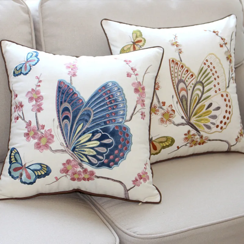 

Embroidery Printing Cushion Cover Sofa Pillow Cases White Beige Cotton Pillowcase Butterfly Flower Decorative Pillow Case