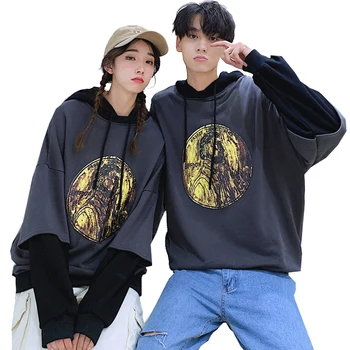 

Unisex Sweatshirts 2019 Winter Fake Two-piece Vintage Panel Hoodies Autumn Ulzzang Style Bf Fashion Women Clothing Casual Shirts