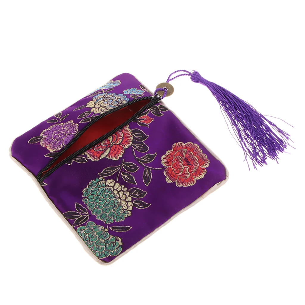 Vintage Guzheng Nail Tape Bag Pouch Chinese Element Silk Brocade Purse with Tassel Decor
