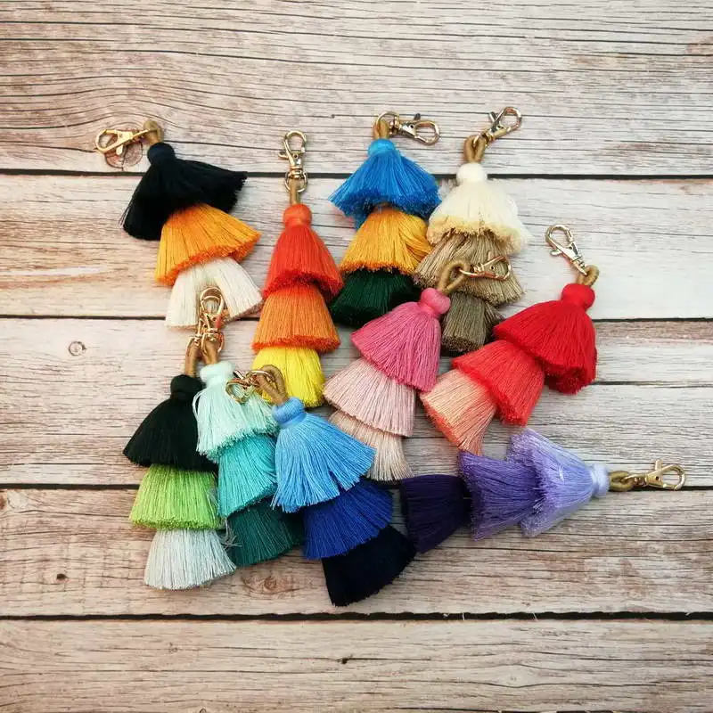 ZWPON BOHO Style 3 Tiered Rainbow Big Fringe Key Chain Multicolored Tassel Ethnic Flirtatious