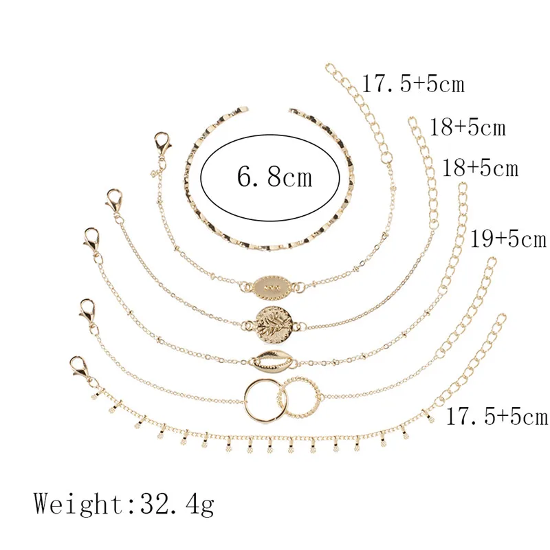 Sindlan 6 шт. винтажная Золотая монета ракушка штамп браслеты с подвесками для женщин Регулируемый браслет в стиле бохо Открытые Браслеты Набор модных ювелирных изделий