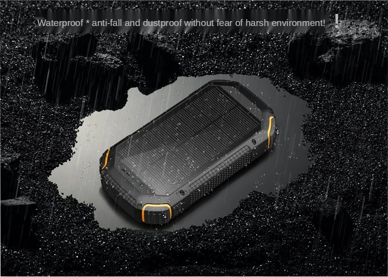 20000mAh solar power bank with fast charging, waterproof design, and red warning light for emergency situations0