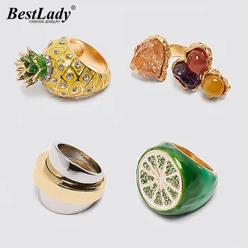 

Best lady New Bohemia Fruits Nature Stone ZA Rings for Women 2020 Fashion Spring Jewelry Wedding Party Pineapple Watermel Rings
