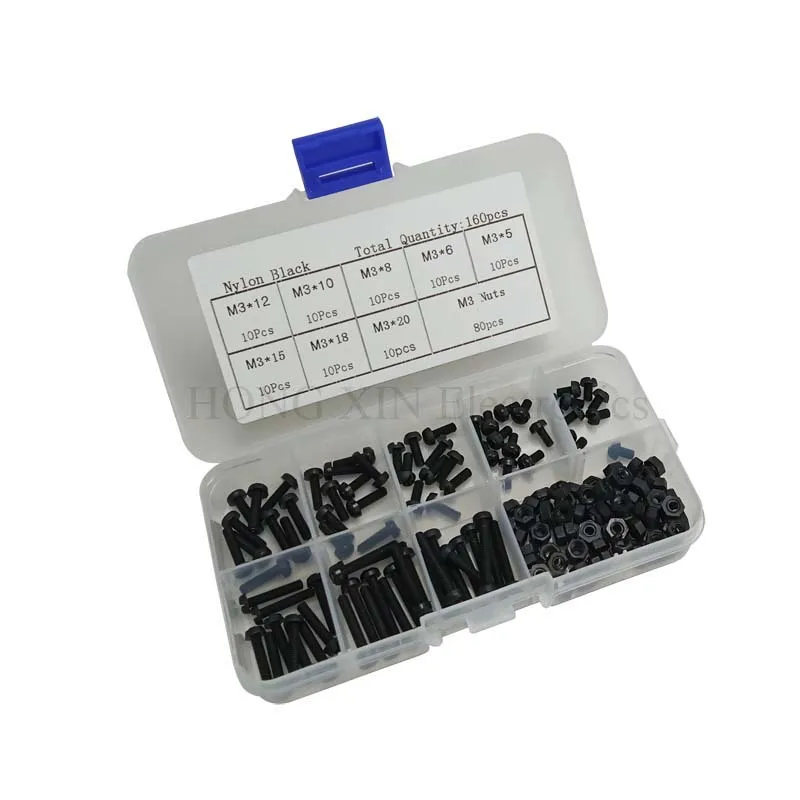 160Pcs M3 Stand-off Nylon Screws Bolt Nuts Assortment Kit Fastener Black Nylon Screw Nut Set 8 Sizes