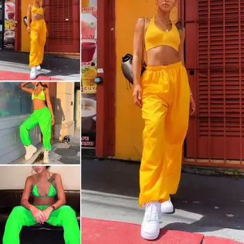 

Women Fluorescent Elastic Mid Waist Straight Pants Trousers Casual Sweatpants