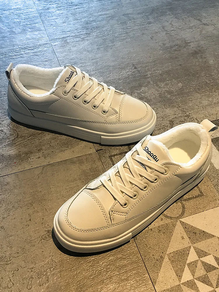 

Shoe 2019 New Style Women's Korean-style Online Celebrity Lace-up Flat White Shoes Students plus Velvet Shoes Women's Lower-cut