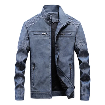 

Winter PU Standing collar bomber jacket men New military flight faux jacket Motorcycle male Leisure coat plus size Plus velvet
