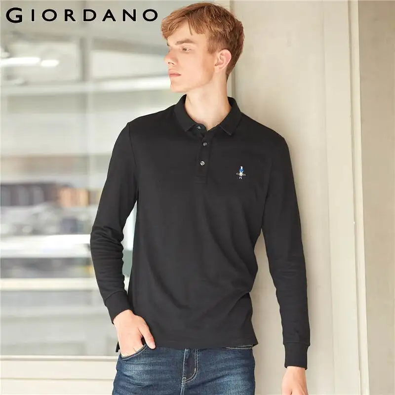 Giordano Men Polo Shirt Long Sleeve Embroidery Casual Tops For Men Cotton Polos Para Hombre Ribbed Cuffs 01019782