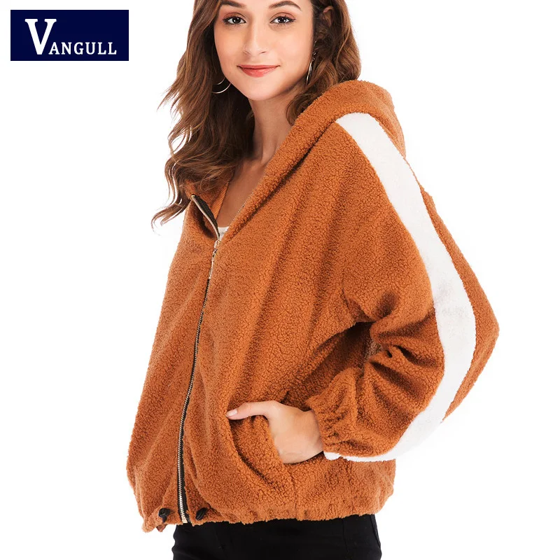 

Vangull Splice Autumn Winter Cashmere Hooded Coat Jacket 2020 New Zipper Hooded Sweater Wool Velvet Coat Solid Fur Warm Outwear