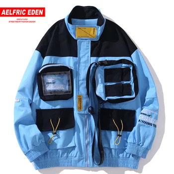 

Aelfric Eden Fashion Color Clock Patchwork Multi Pockets Cargo Jackets Men Hip Hop Harajuku Tops Casual Streetwear Ribbons Coats