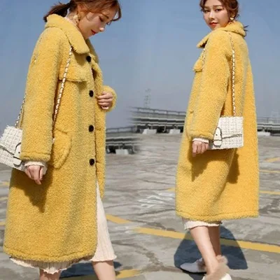 yellow Neploe имитация овцы Sheared средней длины пальто женские осенние элегантные свободные толстые темпераментные Abrigos Mujer Invierno 46255 - Цвет: yellow