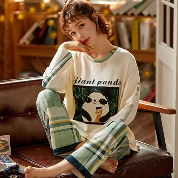 

Autumn Cotton Cartoon Pajamas Set Women Pyjamas Sleepwear Loose Long sleeve Pijama Mujer Home Clothes Long Pants Night suit 2pcs