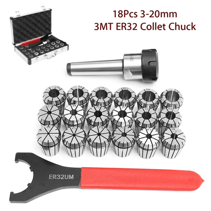 

NEW MT3 Shank With 18Pcs 3-20mm ER32 Collet Chuck Set For CNC Milling Machine Engraving Drilling/Tapping Machine Tools