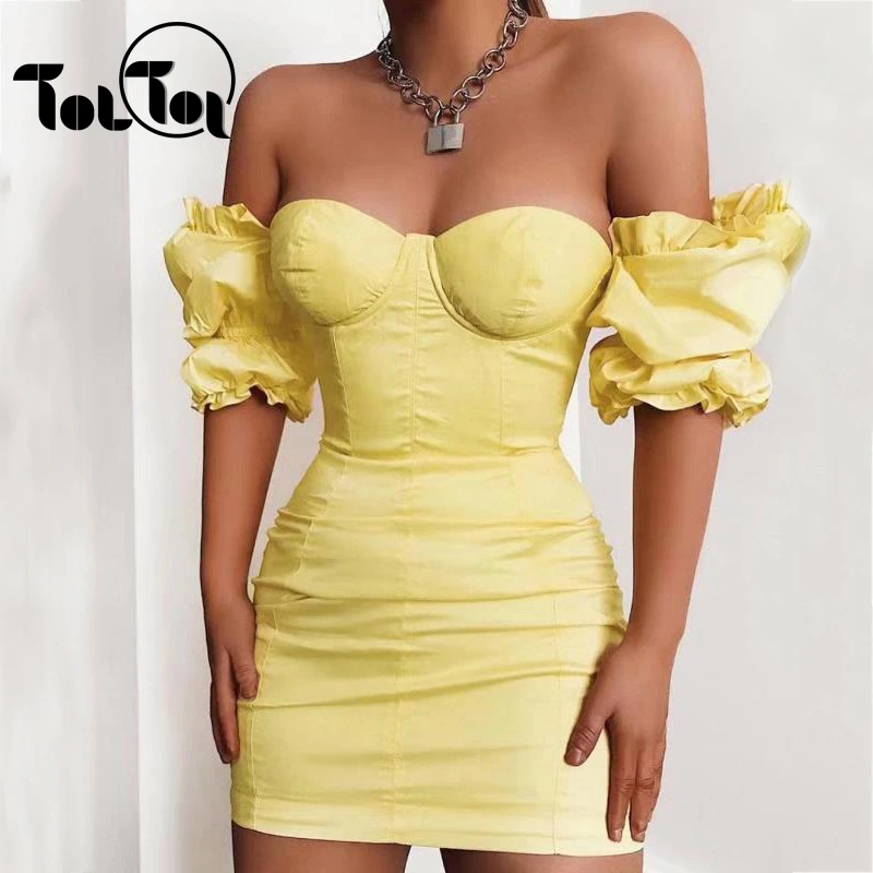 

Puff Sleeves Bodycon Dress Women Autumn Vintage Party Dress Yellow Sexy Strapless Pencil Dresses Mini