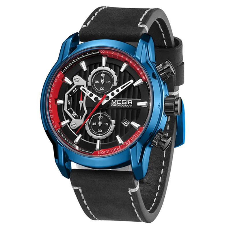Gorben Blue/Black/Silver Leather Strap Luxury Casual Quartz Watches Men Clock Quartz Wrist Watch Business Male Wrist Watch