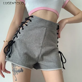 

Lugntolo Women Pants Summer High Waist Hollow-out Bandage Street Slim Fit Casual Solid Pants Fashion All-match Shot Pants