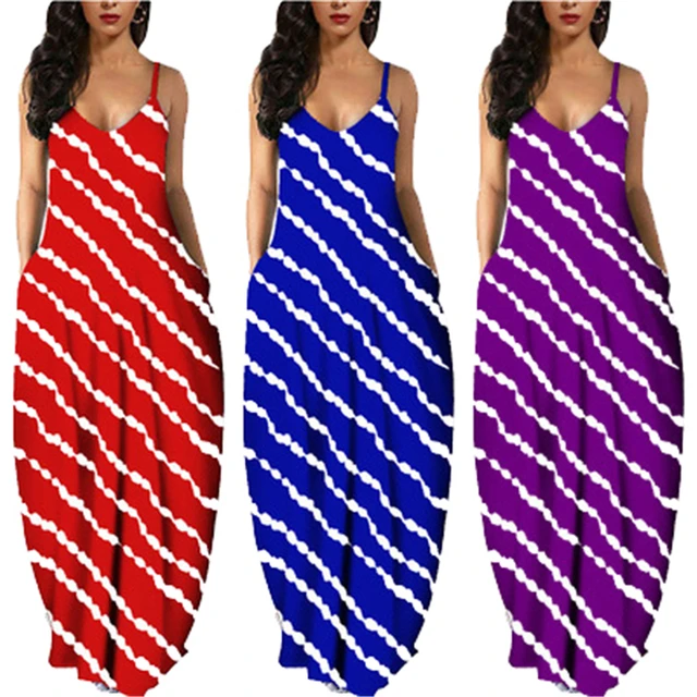 Women Summer Plus Size Maxi Dresses Sexy Solid Stripes Dress Casual Female Loose Sleeveless Tie Dye Beach Party Dress 2021 New 2