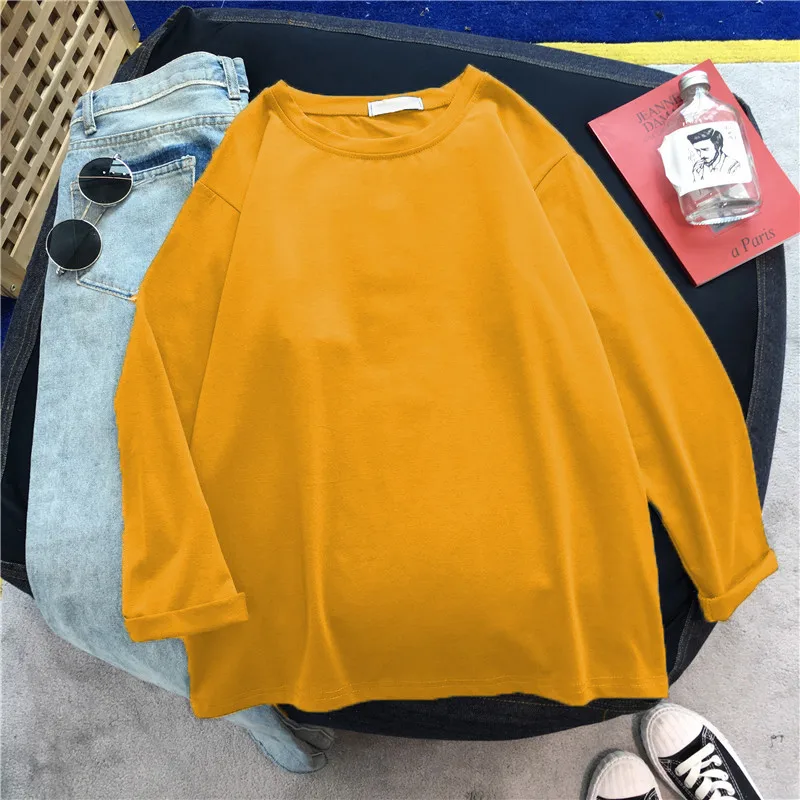Весенняя Однотонная футболка Харадзюку, Женская Базовая Корейская футболка с длинным рукавом, Женские топы с длинным рукавом, черная белая женская футболка - Цвет: MaY 3352 huang