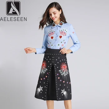 

AELESEEN Ruway Printed Office Lady Twinset Luxury Beading Collar Sequined Blue Shirt Tops + Black Star Print Mid-Calf Skirt Set