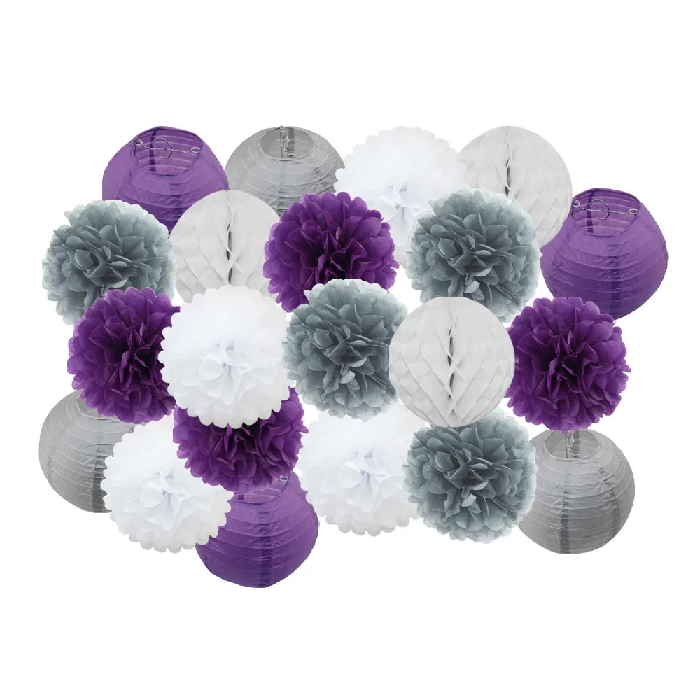 grey purple set Горячая распродажа 21 шт./компл. розовый набор круглых Бумага Фонари для маленьких девочек украшение для детей крещение вечерние декор висит Изделия из бумаги орнамент - Цвет: grey purple set