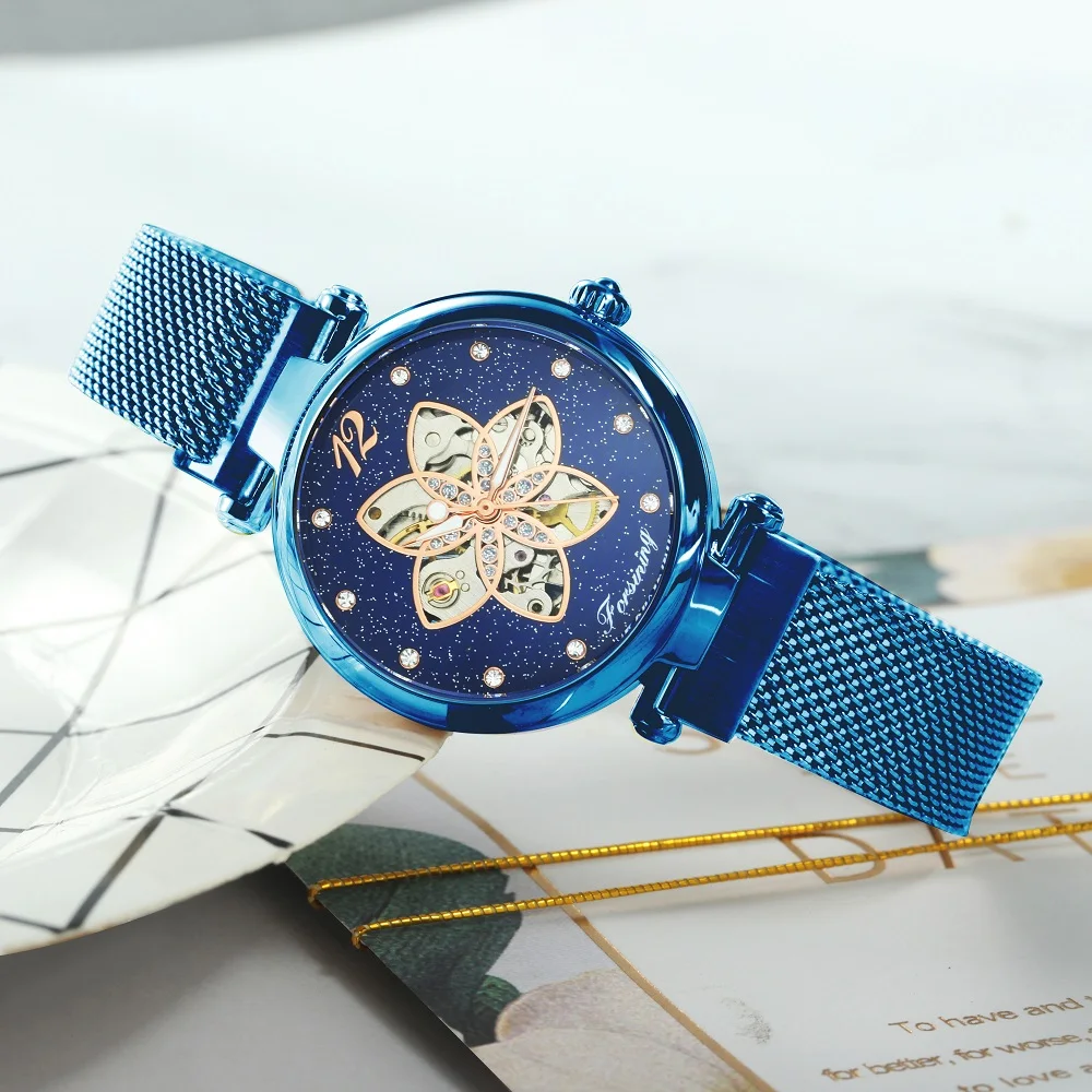 FORSINING Elegant Women Watches Top Brand Luxury Automatic Mechanical Skeleton Flower Bling Starry Dial Ultra Thin Ladies Watch