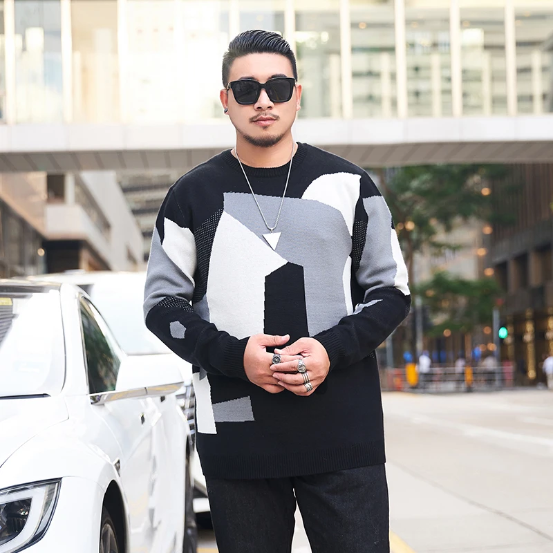 GXXH Large Men's Brand Autumn Dress Fat Guy Irregular Pattern Round Neck Loose Fit Personality Sweater Fashion Knitted Sweater
