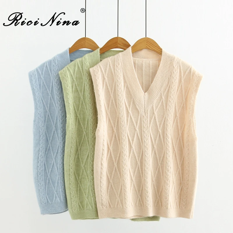 RICININA Sweater Women 2019 V-Neck Sleeveless Solid Shrug Mujer Computer Knitted Fall Sweaters For Women Casual Sweaters Ladies
