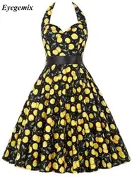 Для женщин желтая вишня вечерние платье Винтаж Элегантное летнее платье 50-х 60-х рокабилли Хепберн платья Pinup без бретелек без рукавов с