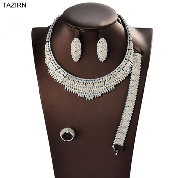 

European 5A Zircon Luxury Dubai Wedding Bridal Full Jewelry Sets Cubic Zirconia Necklace Bracelet Earrings and Ring for Party