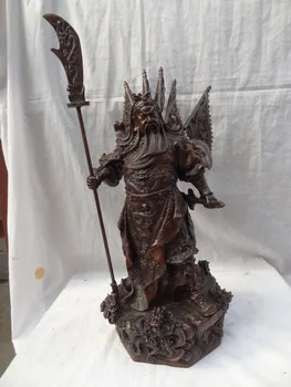 

008995 17" Chinese Bronze Stand 9 Dragon Head Warrior God GuanGong GuanYu banner Statue
