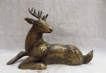 

voge gem S4796 10" Folk Chinese Bronze Carved Sculpture Lying Spotted Deer Sika Statue Animals D0317