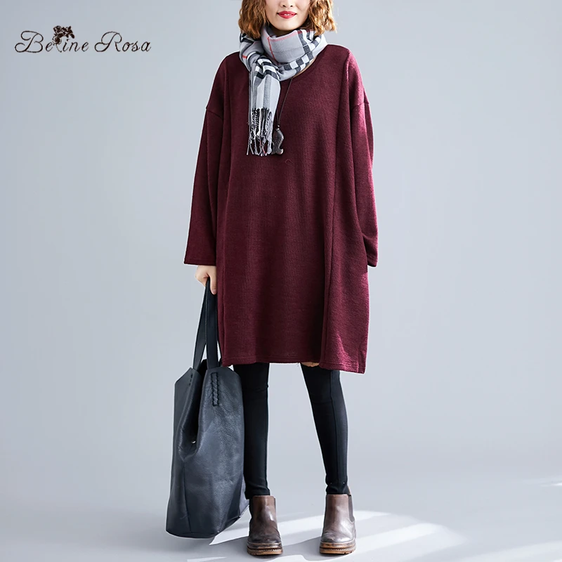 

BelineRosa Plus Size Women Clothing Autumn Winter Thicken Knitting Women Tunic Pure Color Casual Oversized Tunic Dress NNDM0007