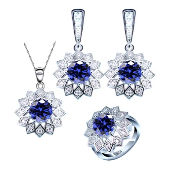 

2020 Blue Sapphire 925 Silver Jewelry Set for Women Earrings Ring Necklace Pendant Jewelry Box
