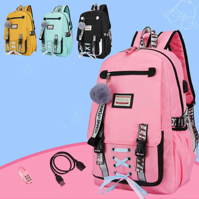 2020 Casual Style Backpack for Teenage Girls Usb with Lock Anti Theft Backpacks Women Book Bag Big High School Bag Youth College 6