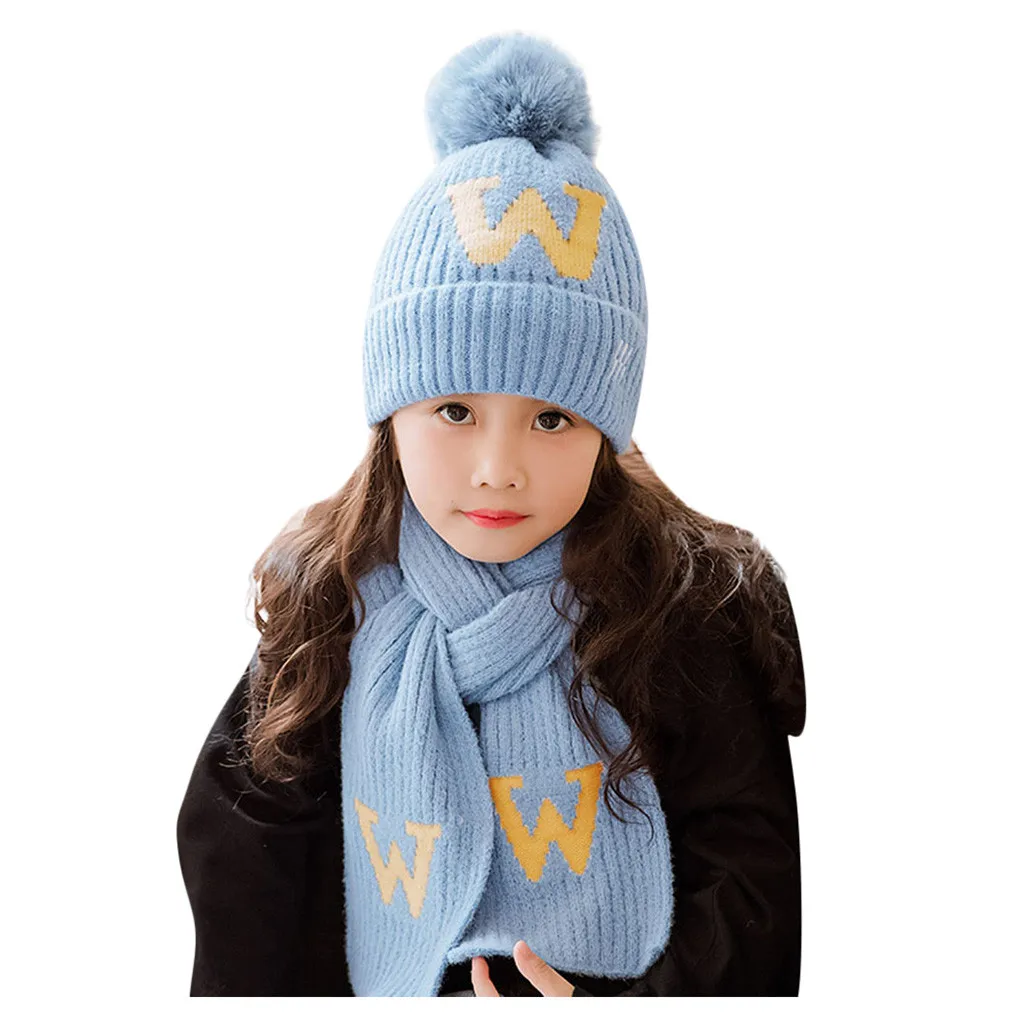 Вязанная детская шапка, зимняя детская шапка с буквенным принтом, зимняя теплая шапка, детская шапочка и шарф, комплект, шапка для девочки 15