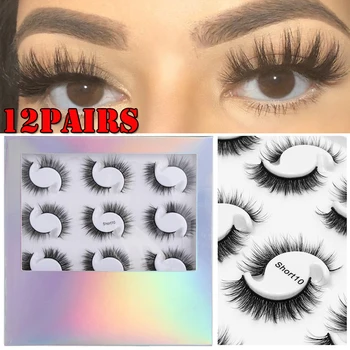 

12 Pairs Short Natural Mink False Eyelashes Cross Dense Handmade Cotton Stalk Eye Lashes Natural Mink Fake Eyelashes Makeup