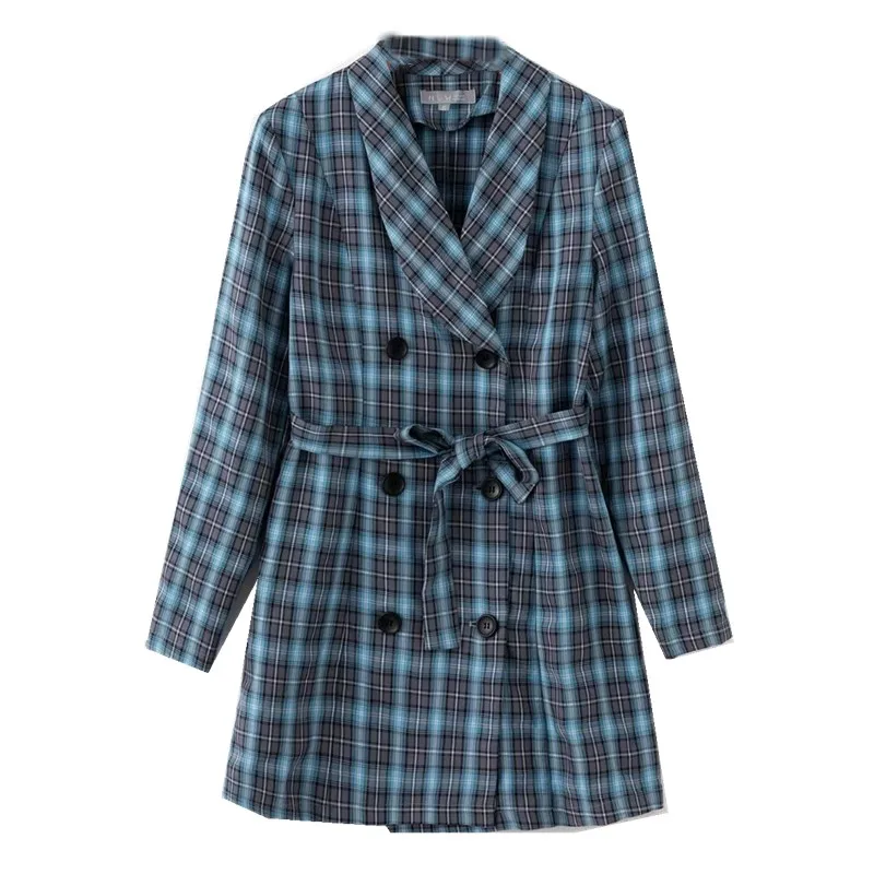 Синий Новинка, OL, клетчатый блейзер в клетку с зазубренным воротником, платье, женское шикарное винтажное платье с бантом и поясом, короткие платья с длинными рукавами, Vestido - Цвет: Синий