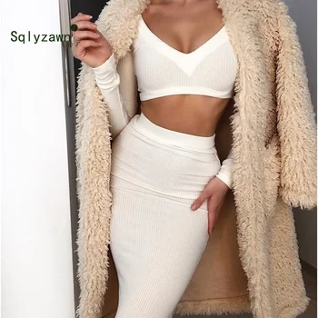 

2019 Autumn Women Party Set Long Sleeve Crop Top and Long Pencil Skirt Set Female 2 Two Piece Outfits White Elegant Matching Set
