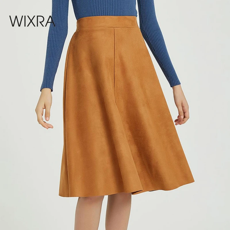 WixraWomenALineSkirtsClassicCasualKneeLengthSuedeSkirt