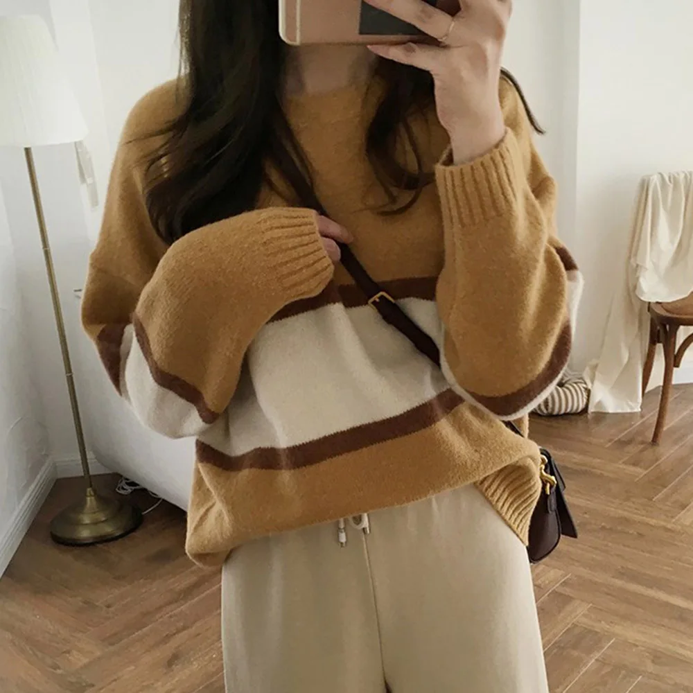 

Yellow Chic Women Sweater Pullover 2020 Autumn Winter Jumper Top Fashion Patchwork Striped Black Knitwear Casual Loose Sweaters