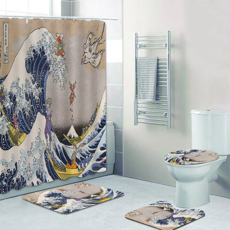 The Great Wave off Kanto Kanagawa Japanese Anime Bathroom Curtains Shower Curtain Set for Toilet Bath Mat Rugs Carpet Home Decor