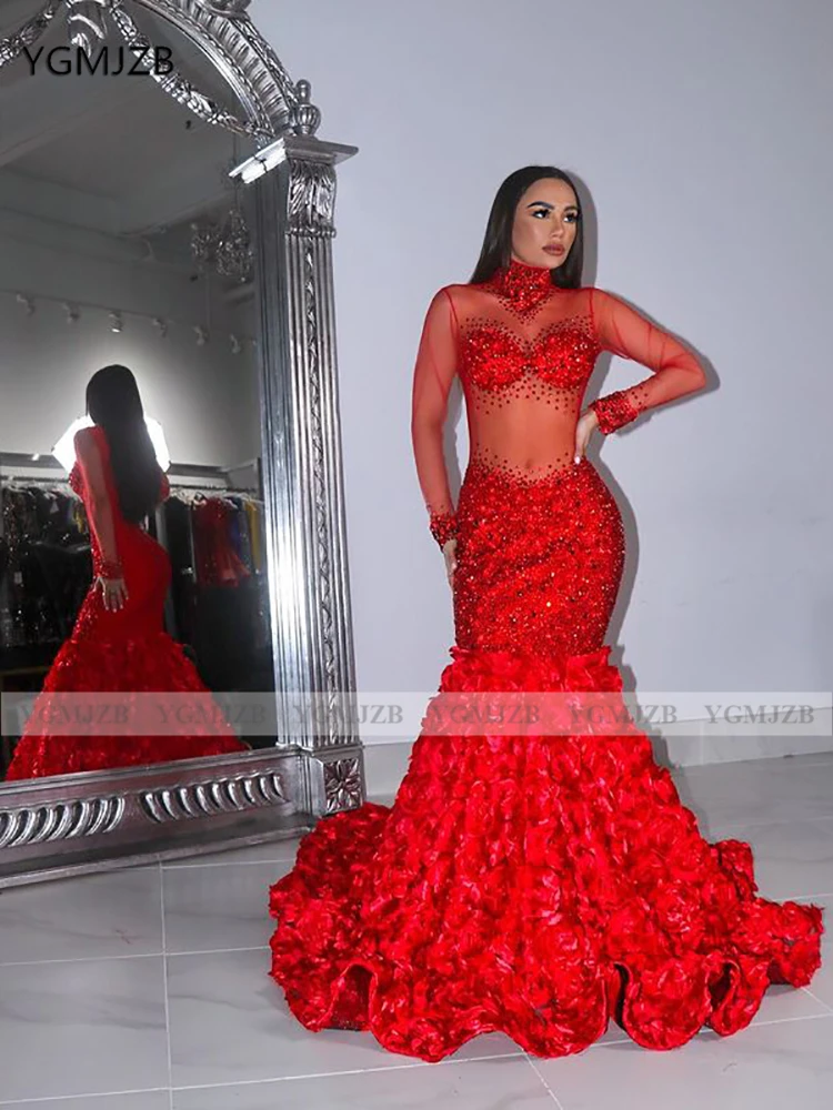 Glitter Prom Dresses 2021 Mermaid High Neck See Through Long Sleeves Red 3D Flowers Train African Girls Women Formal Party Gowns Prom Dresses